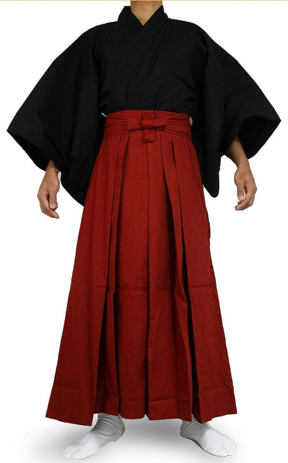 Japanese Samurai Hakama Set - 100% Cotton - Edoten Black Top & Red Skirt -Size L