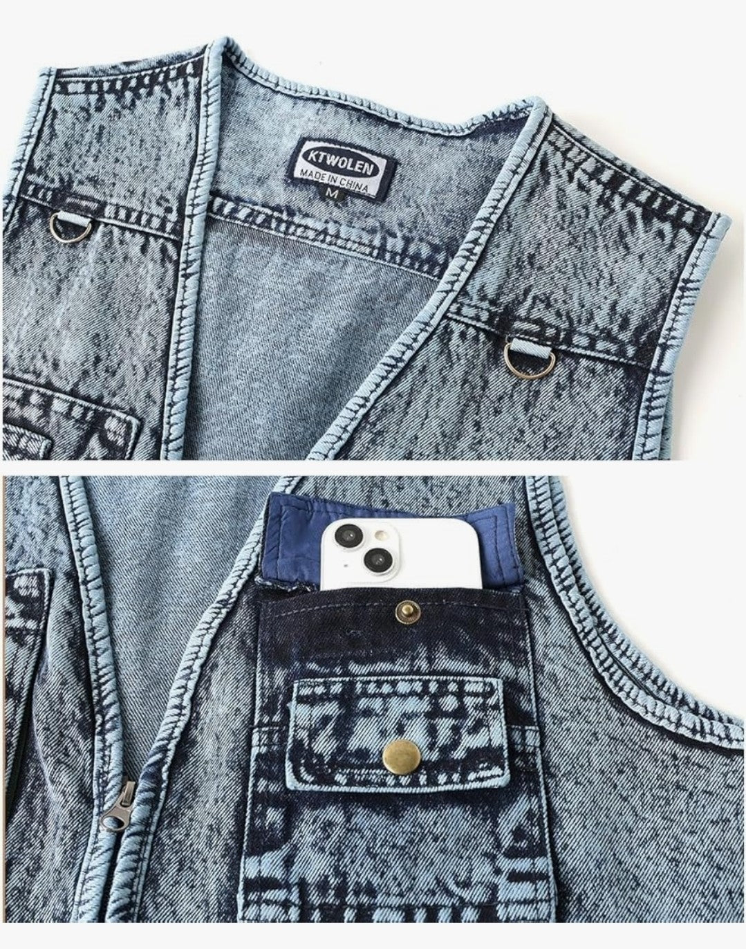 Men's KTWOLEN Denim Multi-Pocket Gilet Acid Wash Jeans Vest Biker Cowboy BNWT XL
