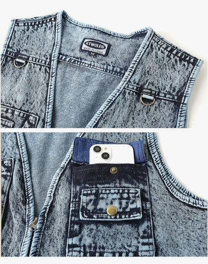 Men's KTWOLEN Denim Multi-Pocket Gilet Acid Wash Jeans Vest Biker Cowboy BNWT XL