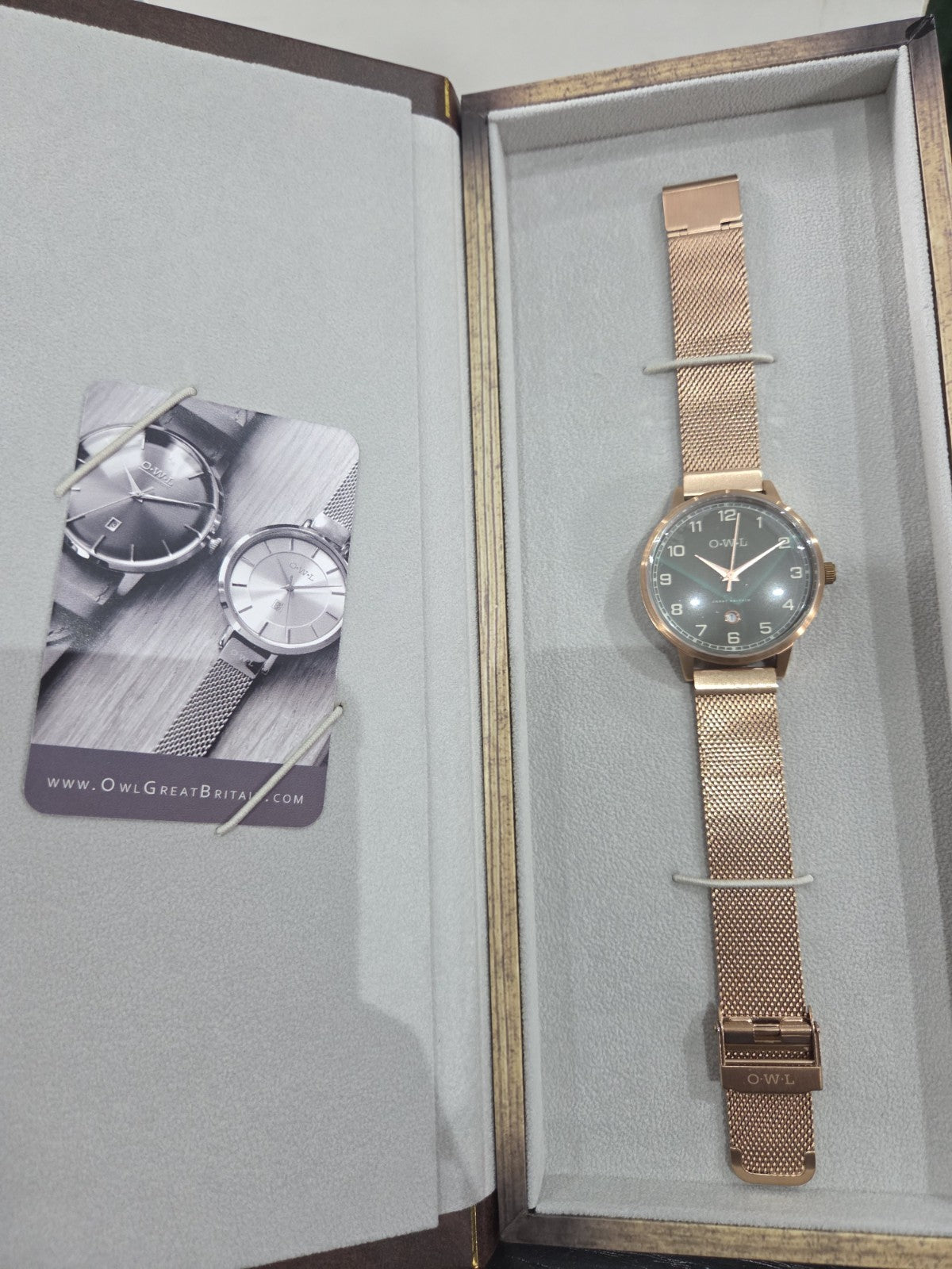 OWL Great Britain Brancaster Men's Watch Rose Gold Mesh Stone Grey New Box B8MRG