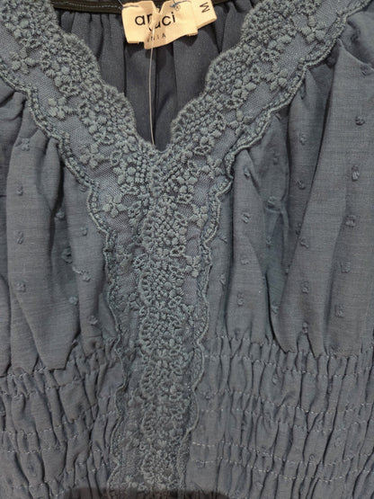 Anna-Kaci Dusty Blue Maxi Dress M BNWT Boho Swiss Dot Lace Crochet Summer