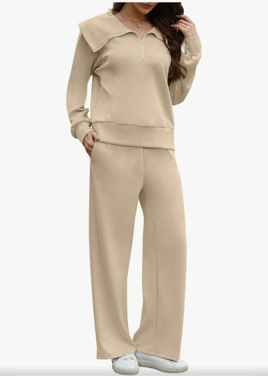 GheChury Women's 2 Piece Lounge Set Khaki Beige Half Zip Sweatshirt & Wide...