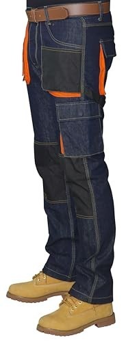 Men's Heavy Duty Work Jeans Durable Multi Pocket Cargo Trousers navy blue