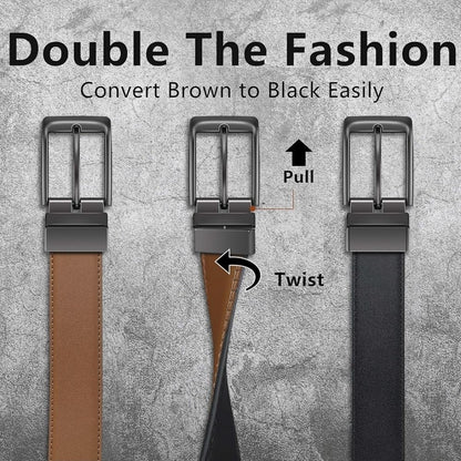 Sunya Men's Genuine Leather Reversible Belt Black Brown 2in1 Twist Buckle Boxed