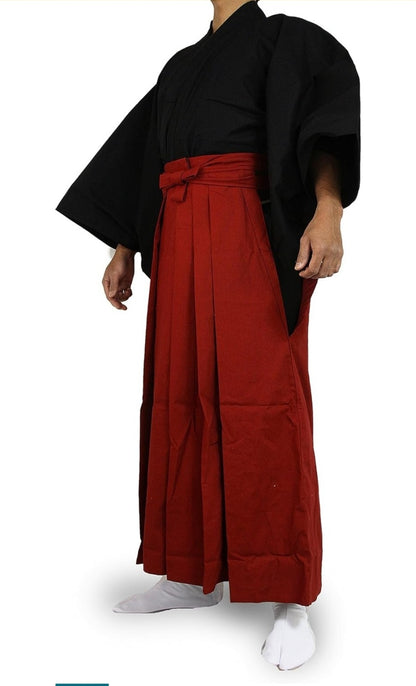 Japanese Samurai Hakama Set - 100% Cotton - Edoten Black Top & Red Skirt -Size L