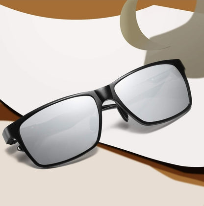 DUCO Men's Polarized Sunglasses 8206 Black Frame Silver Lens - FULL SET NEW