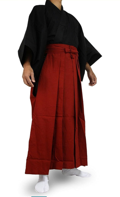 Japanese Samurai Hakama Set - 100% Cotton - Edoten Black Top & Red Skirt -Size L