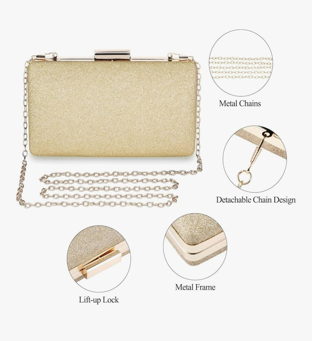 Gold Glitter Evening Clutch Bag Ladies Wedding Party Prom Bridal Handbag New