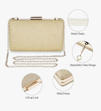 Gold Glitter Evening Clutch Bag Ladies Wedding Party Prom Bridal Handbag New