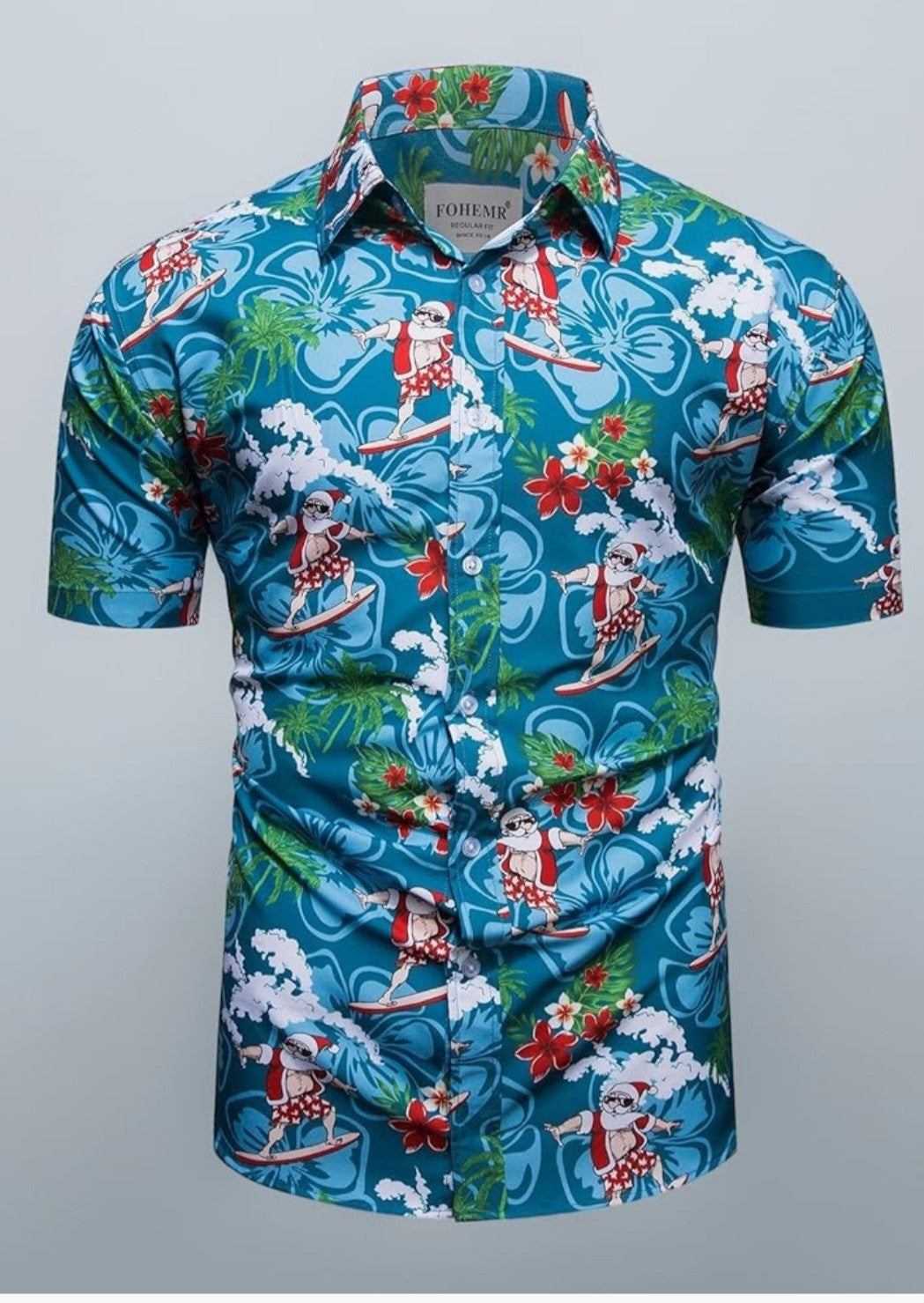 Fohemr Men's Christmas Hawaiian Shirt Surfing Santa Holiday Party Top BNWT 3XL