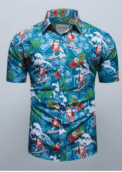 Fohemr Men's Christmas Hawaiian Shirt Surfing Santa Holiday Party Top BNWT 3XL