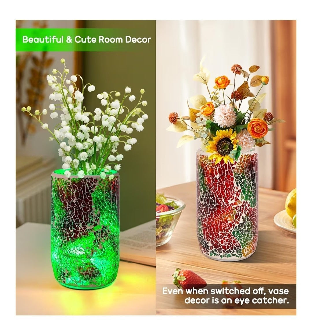 Mosaic Glass Vase Table Lamp Rechargeable LED Bedside Light 5 Colors + Fade New