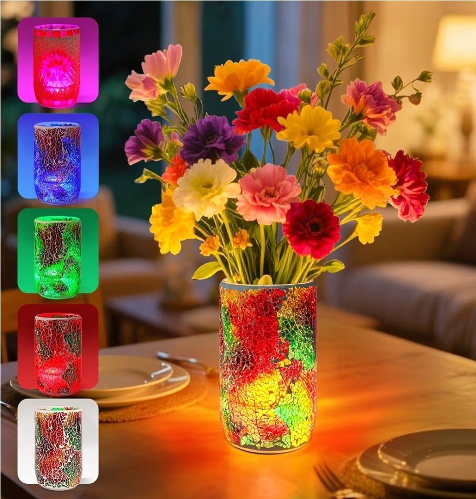 Mosaic Glass Vase Table Lamp Rechargeable LED Bedside Light 5 Colors + Fade New