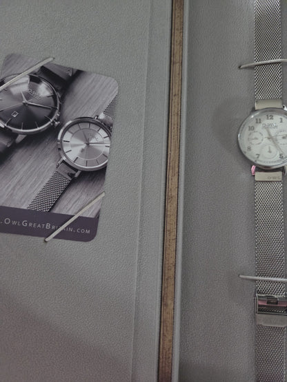 OWL Great Britain Helmsley Ladies Watch Silver Mesh White Multi Dial H8MSW New