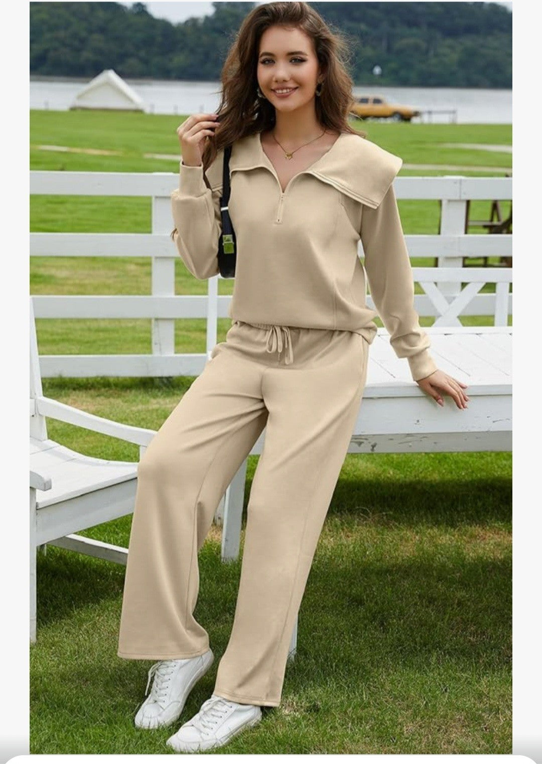 GheChury Women's 2 Piece Lounge Set Khaki Beige Half Zip Sweatshirt & Wide...