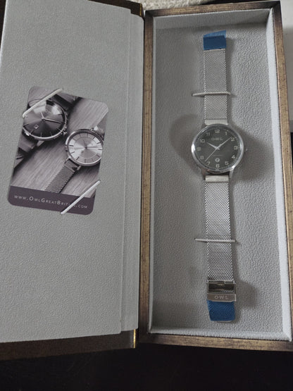 OWL Great Britain Brancaster Men's Watch Polished Silver Mesh Grey Dial B8MSG