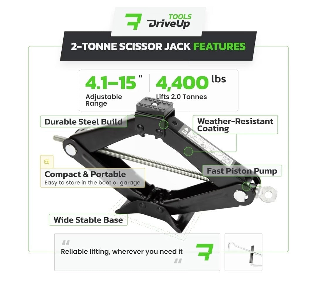2 Ton Scissor Jack for Car Van SUV - Universal Emergency Lifting Kit & Bag
