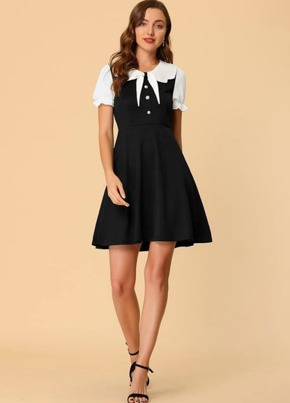 Allegra K Women's 50s Lolita A-Line Dress – Size L | Black & White Peter Pan Collar | BNWT