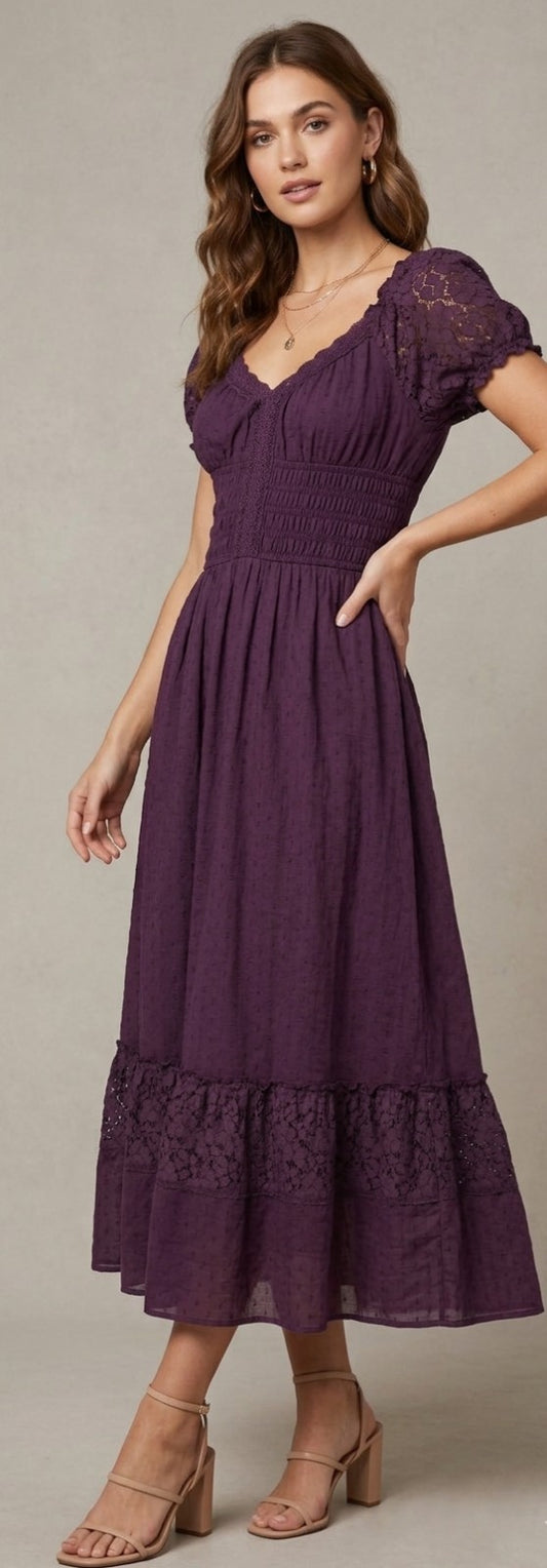 Anna-Kaci Plum Purple Maxi Dress M BNWT Boho Swiss Dot Lace Crochet Summer