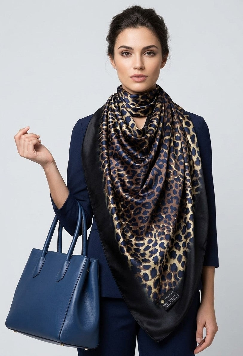 LIVLOKO Italian 100% Satin Scarf Large 180x90cm Blue Black Leopard Print Shawl
