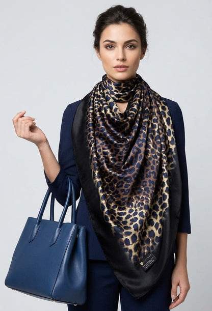 LIVLOKO Italian 100% Satin Scarf Large 180x90cm Blue Black Leopard Print Shawl