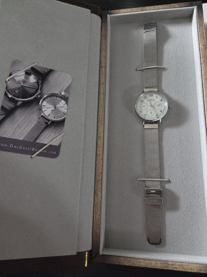 OWL Great Britain Helmsley Ladies Watch Silver Mesh White Multi Dial H8MSW New