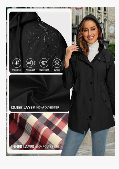 Women's Waterproof Jacket Long Rain Coats Hooded Rain Jacket XL