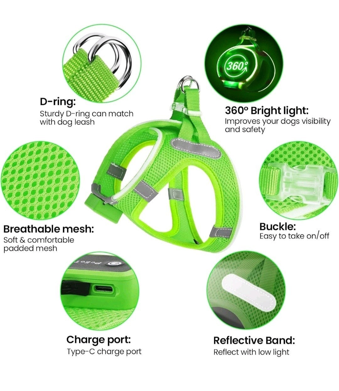 LED Light Up Dog Harness Reflective Green XS Night Safety Walking Glow USB New