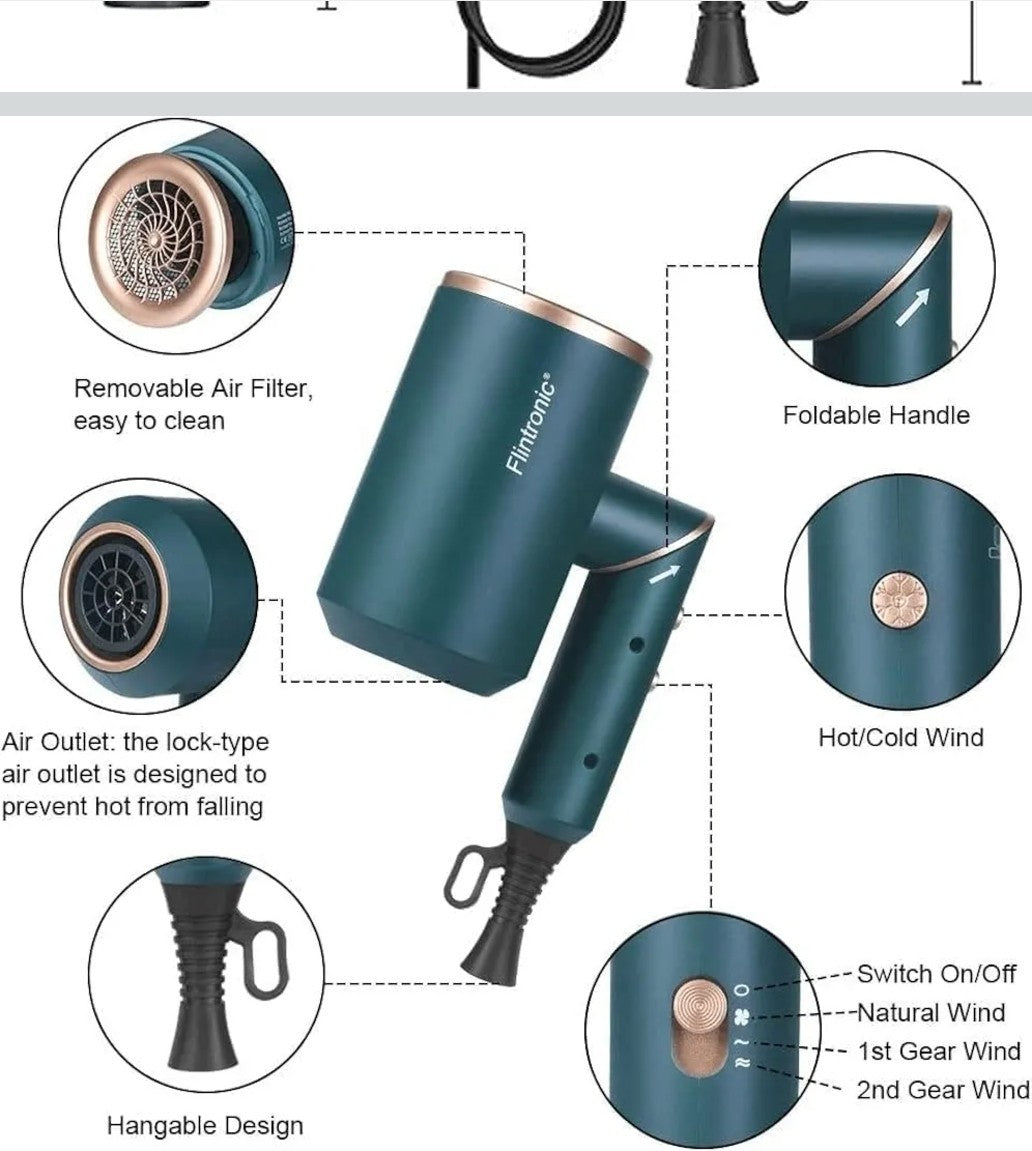 Flintronic Professional Ionic Hair Dryer 2000W - Green - New in Box - With 3...