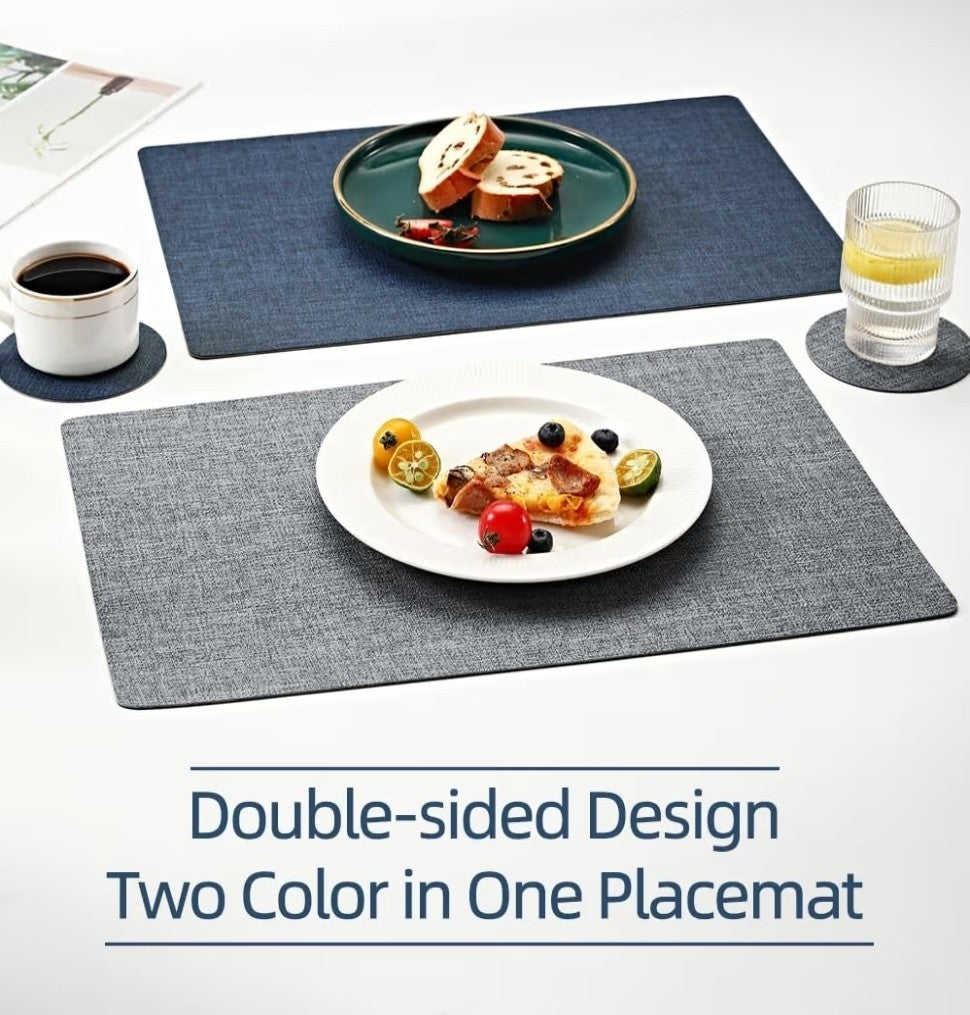 OHIHUW Set of 6 Reversible Leather Placemats & Coasters Grey Navy Blue 12pc Set
