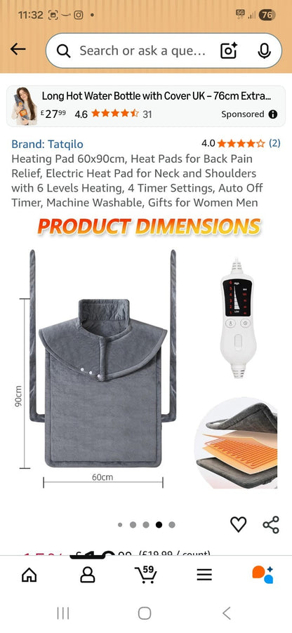 Tatqilo Electric Heating Pad for Back Neck Shoulders 60x100cm Heat Relief Grey