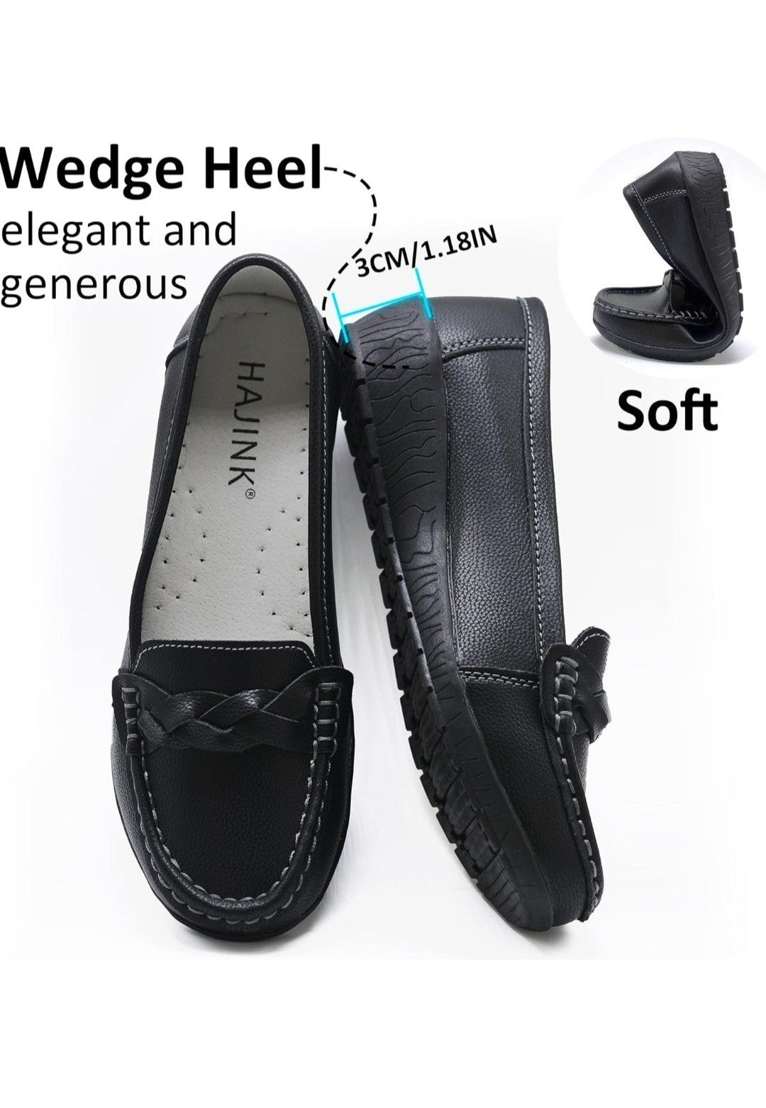 HAJINK Women’s Black Faux Leather Loafers Work Shoes Comfort Wedge UK 6 EU 39