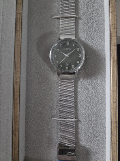 OWL Great Britain Brancaster Men's Watch Polished Silver Mesh Grey Dial B8MSG