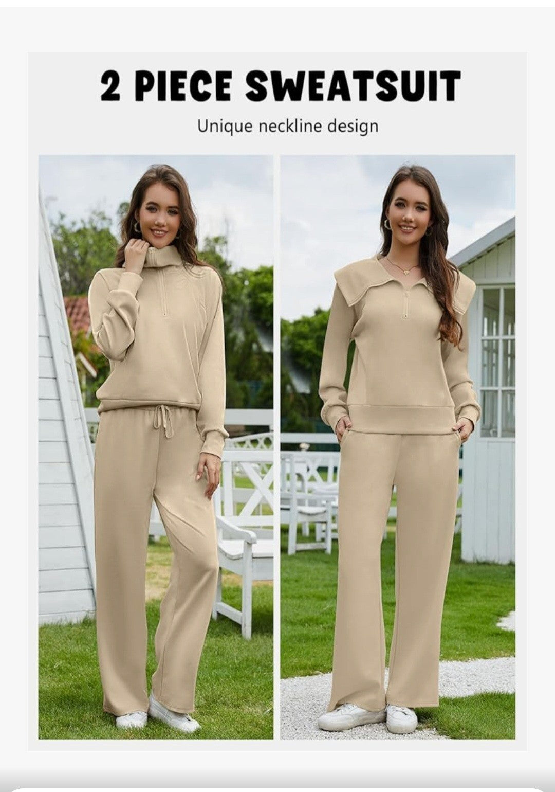 GheChury Women's 2 Piece Lounge Set Khaki Beige Half Zip Sweatshirt & Wide...