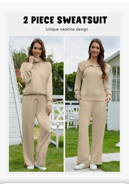 GheChury Women's 2 Piece Lounge Set Khaki Beige Half Zip Sweatshirt & Wide...