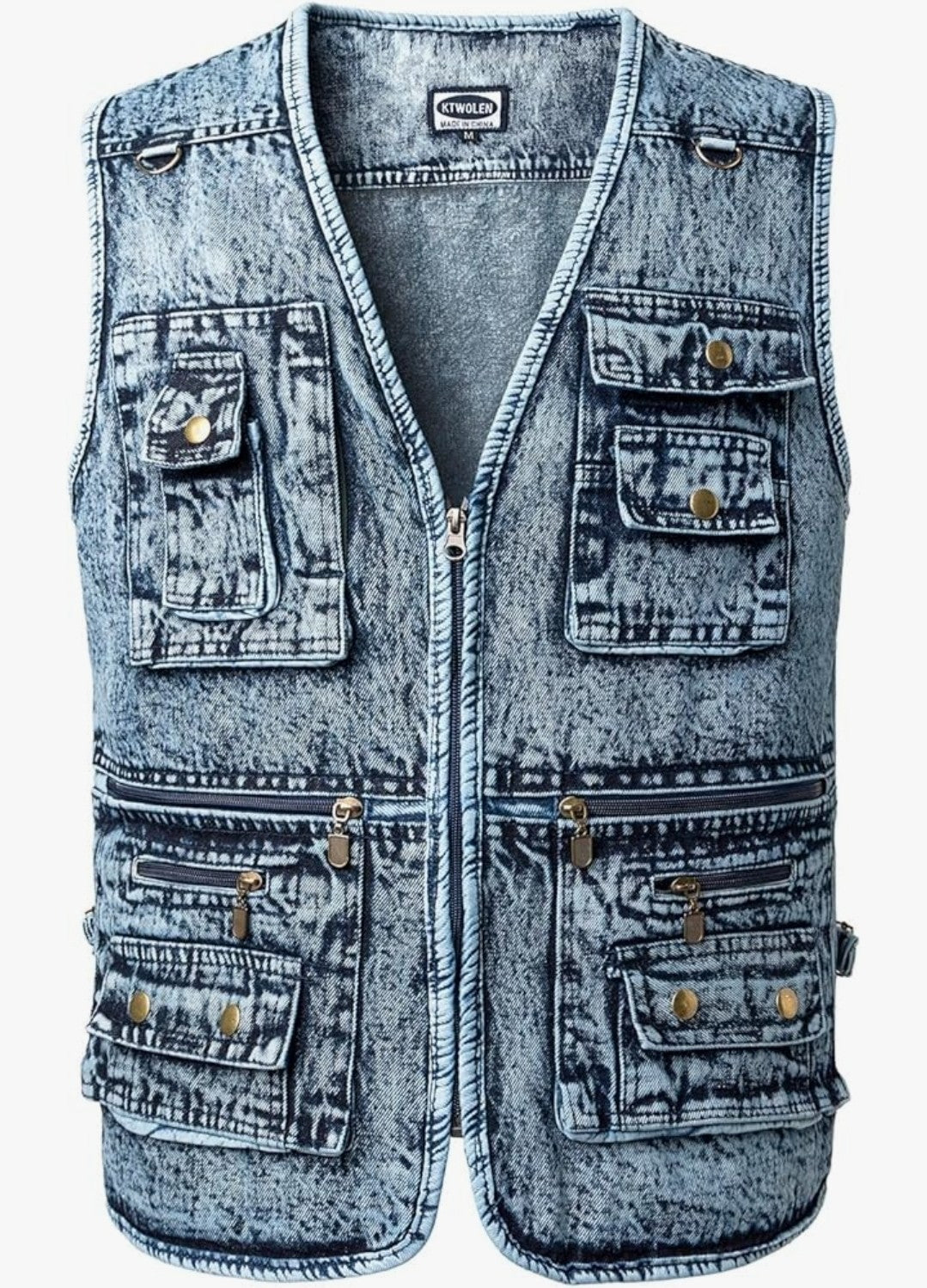 Men's KTWOLEN Denim Multi-Pocket Gilet Acid Wash Jeans Vest Biker Cowboy BNWT XL