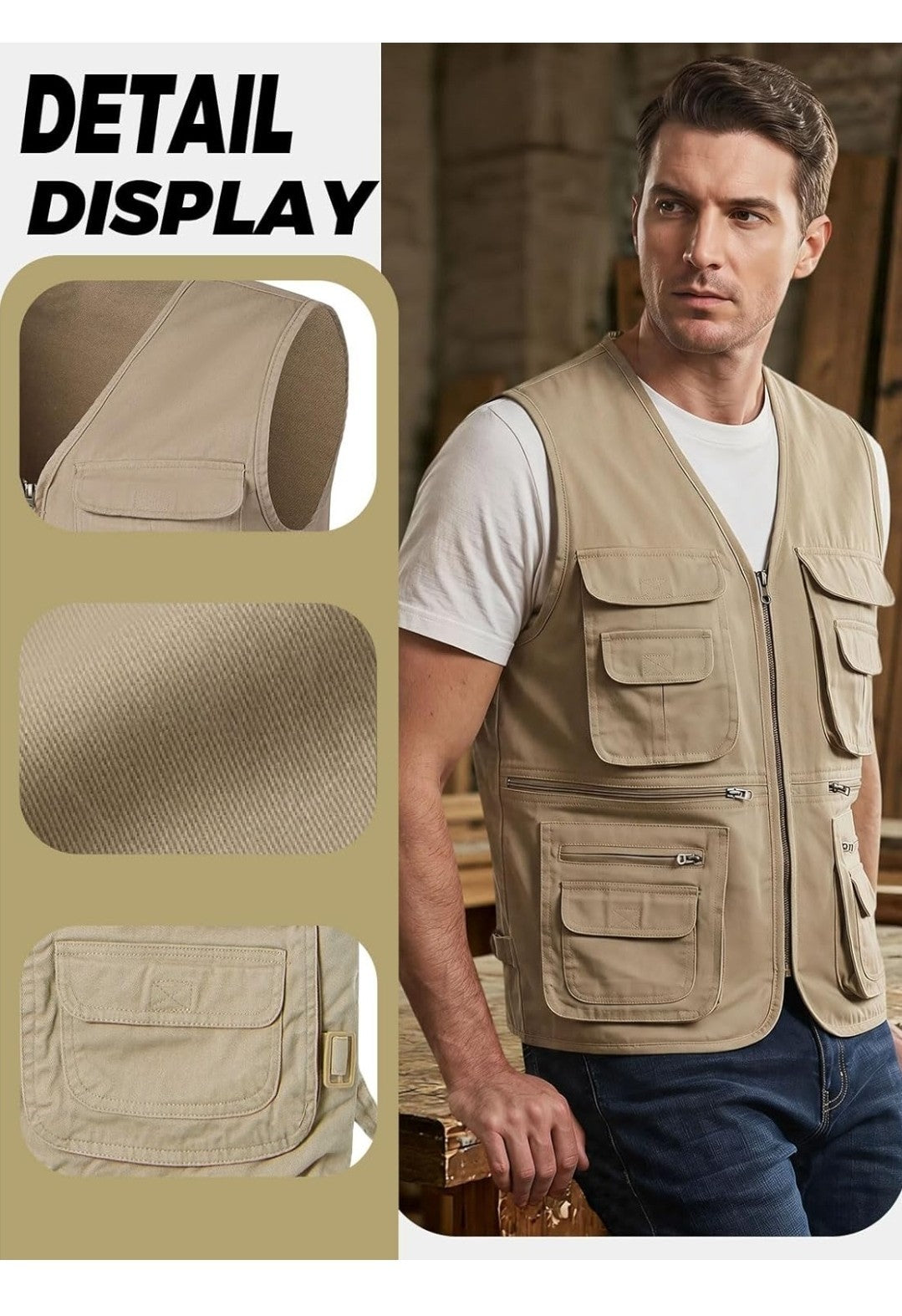 Men's KTWOLEN Multi-Pocket Fishing Vest Outdoor Safari Gilet Beige 6XL
