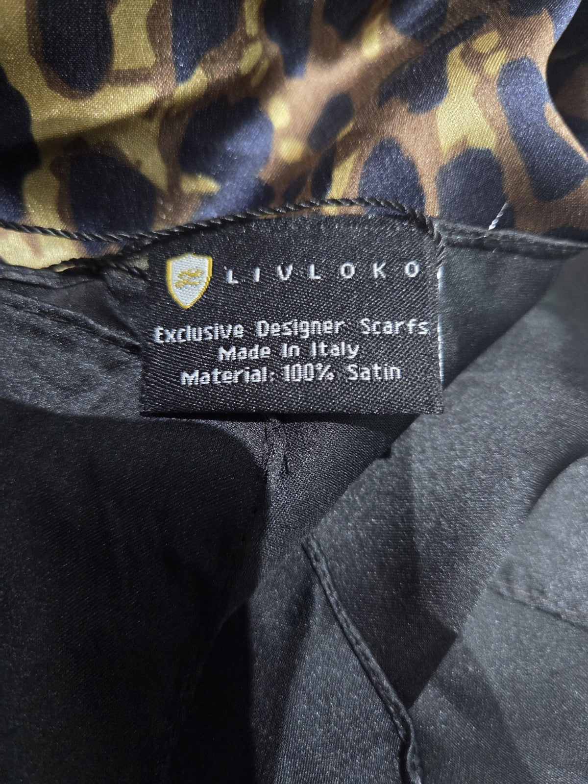 LIVLOKO Italian 100% Satin Scarf Large 180x90cm Blue Black Leopard Print Shawl