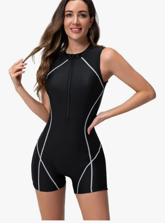 ODIZLI Womens Black Sleeveless Shorty Wetsuit Swimsuit Front Zip Trisuit Size M