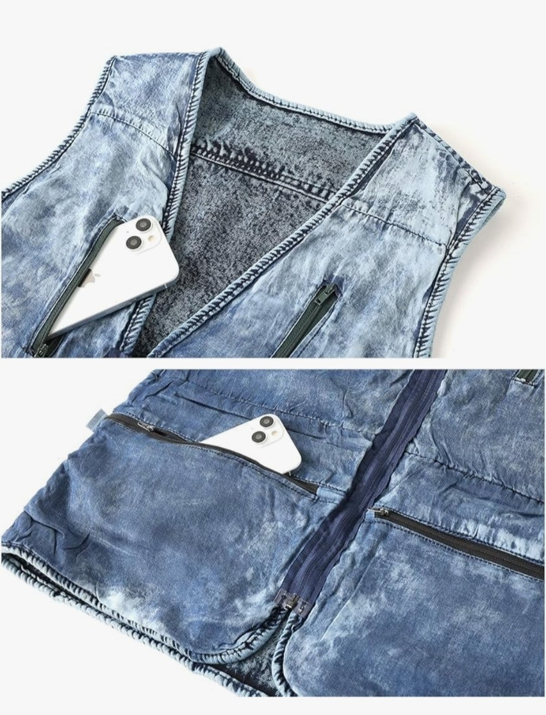 Men's KTWOLEN Denim Multi-Pocket Gilet Acid Wash Jeans Vest Biker Cowboy BNWT XL
