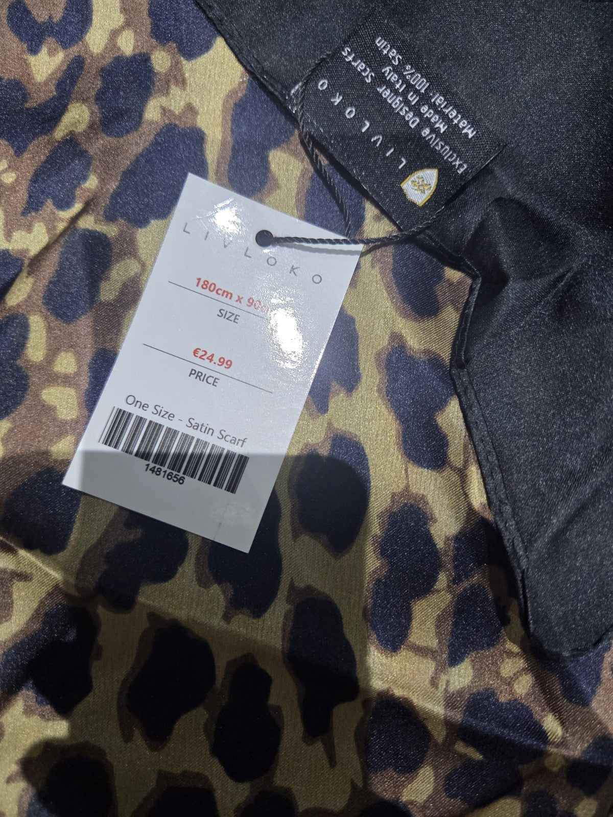 LIVLOKO Italian 100% Satin Scarf Large 180x90cm Blue Black Leopard Print Shawl