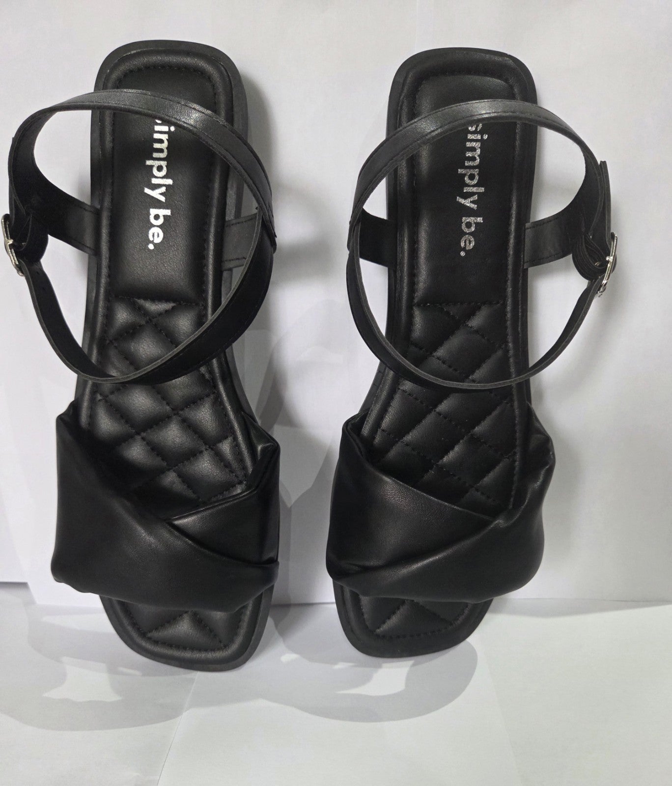 Simply Be Women's Black Flat Sandals Quilted Twist Extra Wide Fit UK 8 EU 42 New