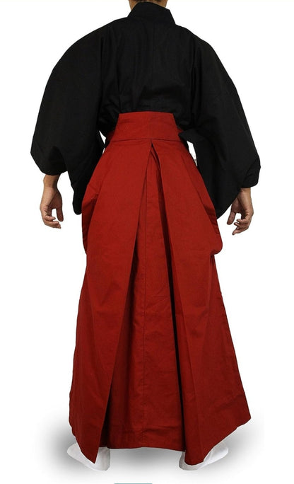 Japanese Samurai Hakama Set - 100% Cotton - Edoten Black Top & Red Skirt -Size L