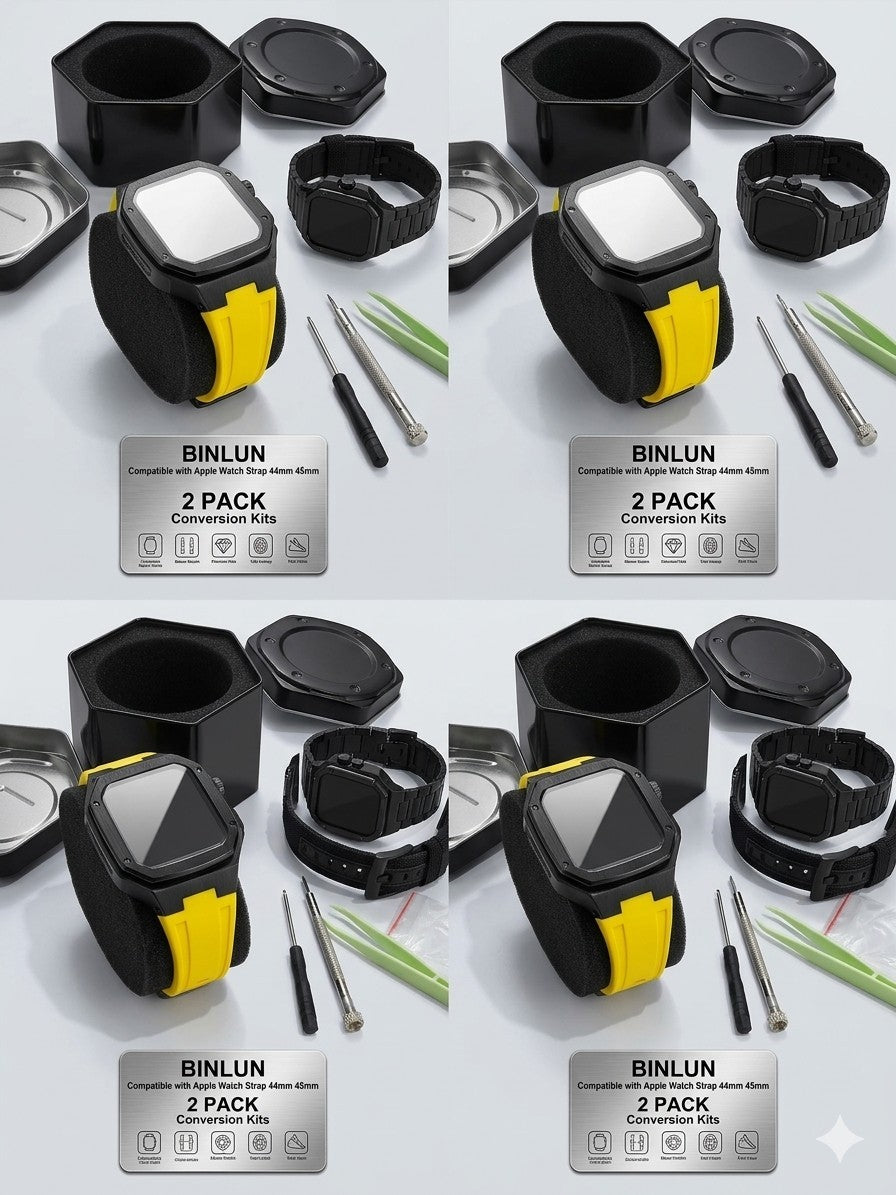 BINLUN 2-Pack Straps for Apple Watch 45mm 44mm with Rugged Metal Protective Case