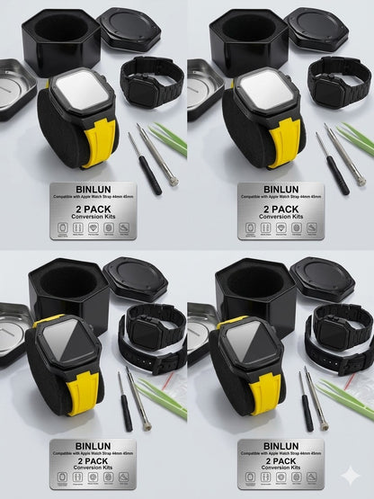 BINLUN 2-Pack Straps for Apple Watch 45mm 44mm with Rugged Metal Protective Case
