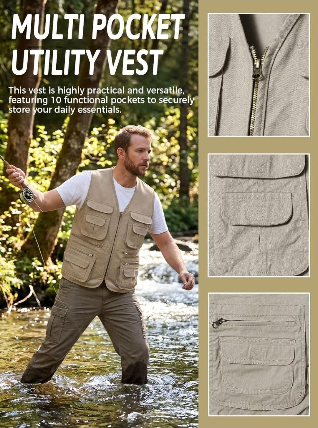 Men's KTWOLEN Multi-Pocket Fishing Vest Outdoor Safari Gilet Beige 6XL
