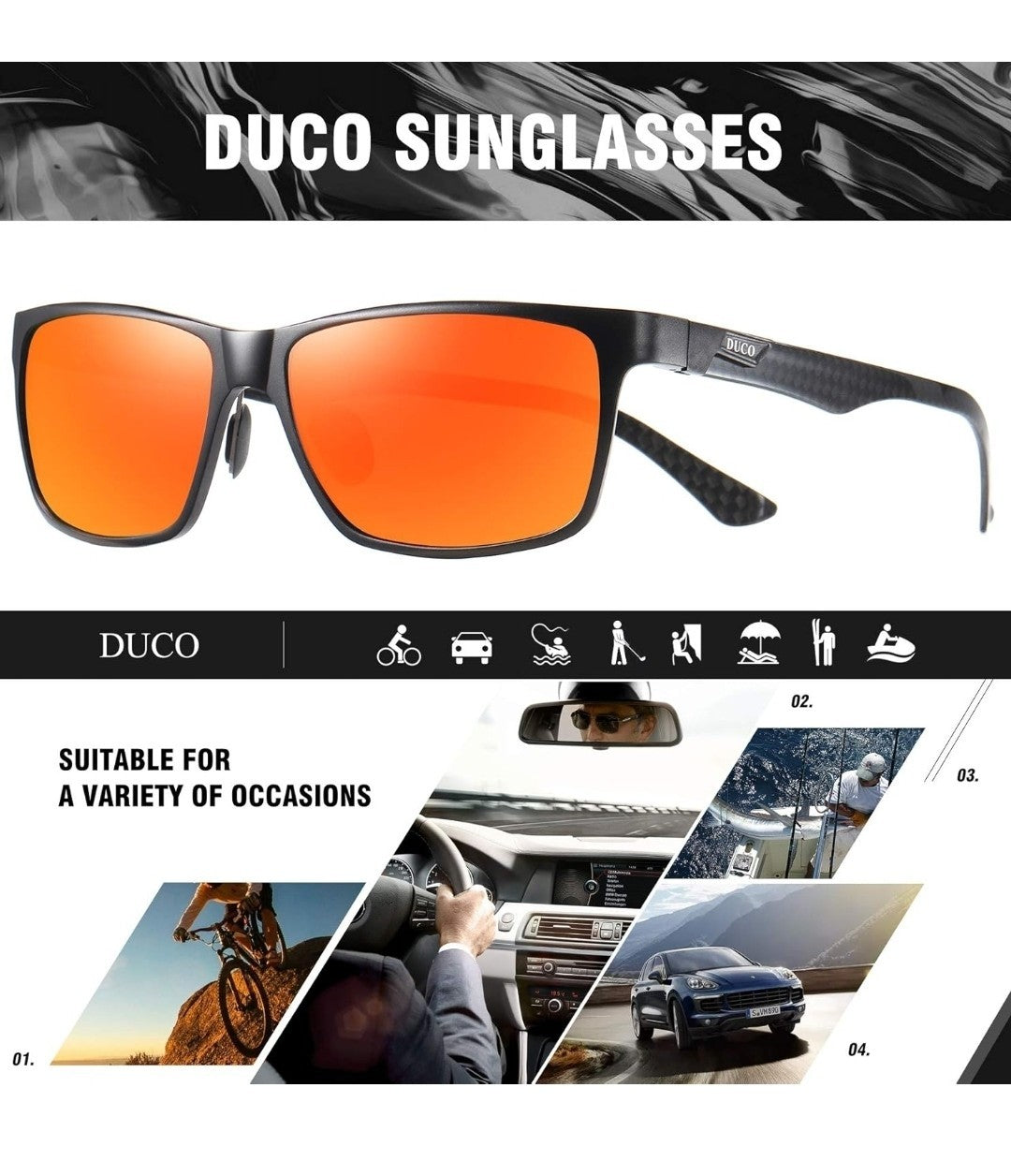 DUCO Men's Polarized Sunglasses 8206 Black Frame REVO RED Lens - FULL SET NEW