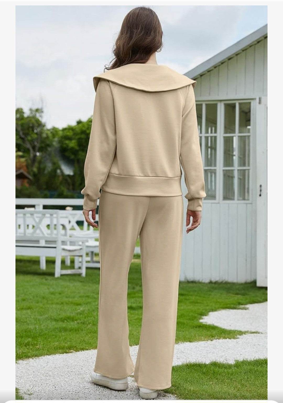 GheChury Women's 2 Piece Lounge Set Khaki Beige Half Zip Sweatshirt & Wide...