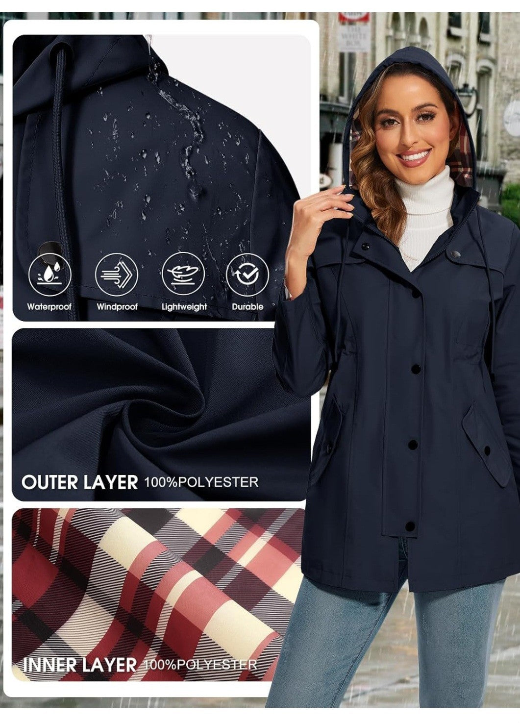 Women’s Waterproof Raincoat Navy Blue Size XXL Jacket Hooded Windproof New