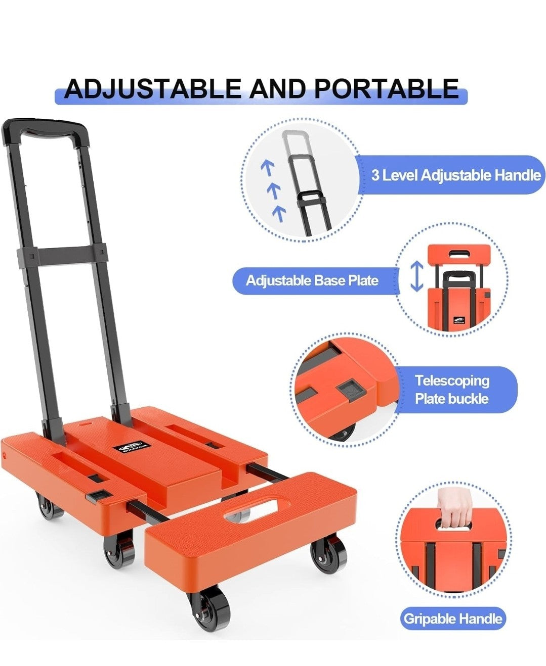 SOLEJAZZ Folding Hand Truck 500LB Heavy Duty Dolly - 6 Wheels - Orange